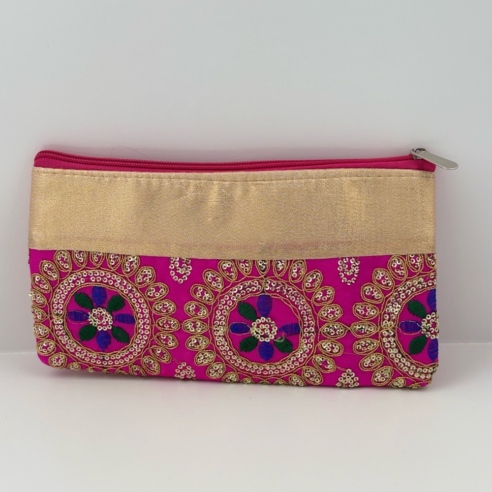 Pink and Gold Embroidered Clutch